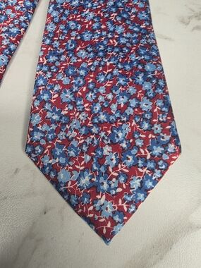 Bespoke Red Tie with Blue Floral Pattern